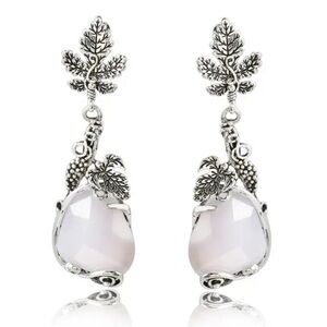 925 Sterling Silver Plated Leaf Details Synthetic White Stone Drop Earrings